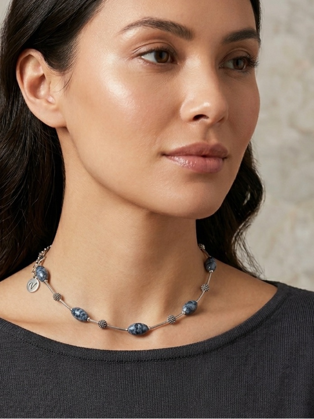 Vida Silver Tone Station Necklace Blue Grey Mottled Beads Textured Accents Boho